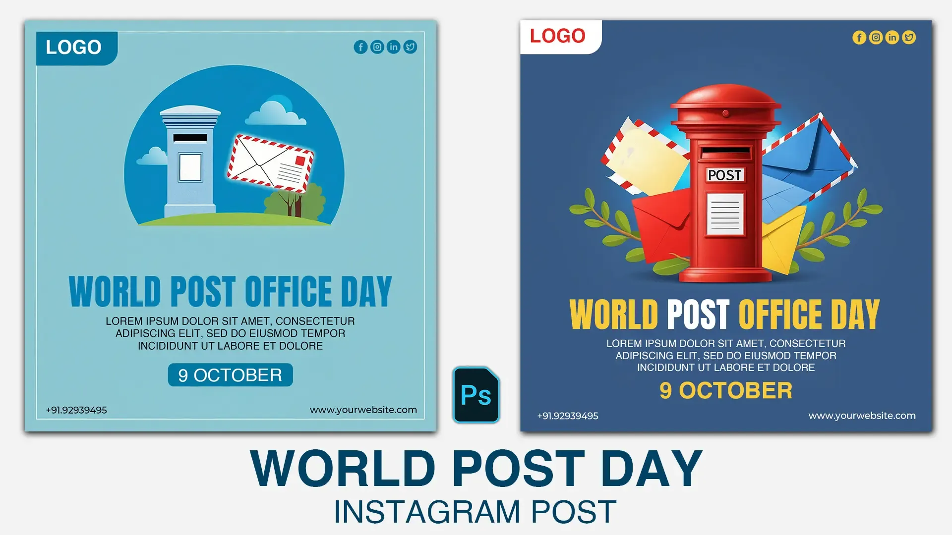 World Post Office Day Instagram Post with Blue Post Box and Envelope Design